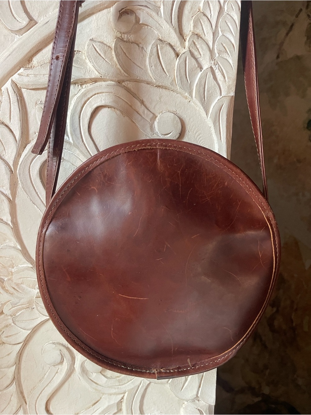 Handmade NY Artisan Brown Leather Circle Crossbody Bag